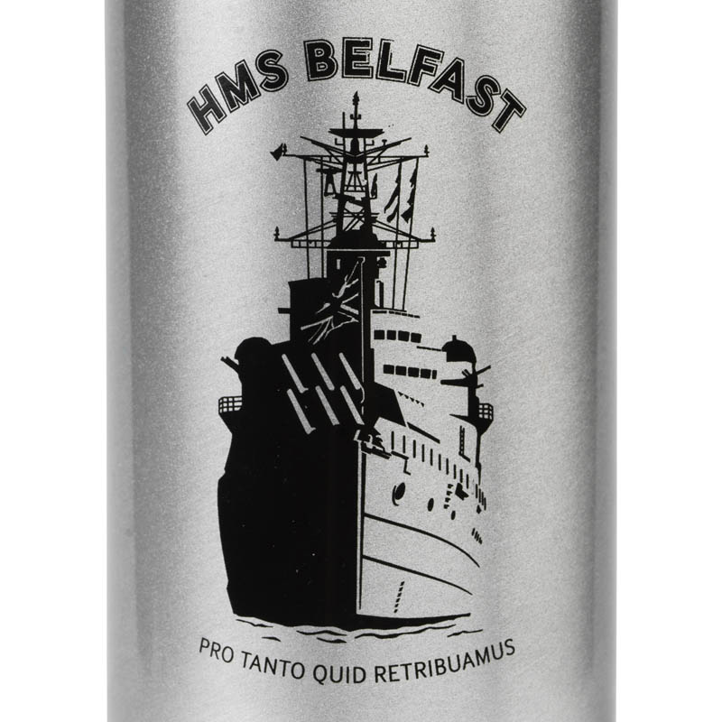 HMS belfast metal twist cap aluminium water bottle battleships logo detail